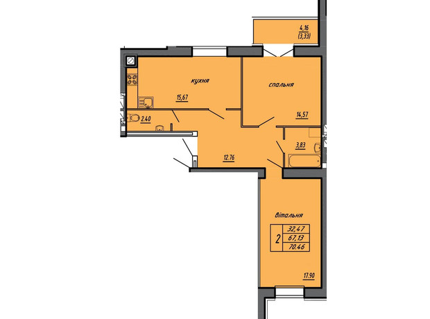 ЖК Чернівецький: планування 2-кімнатної квартири 70.46 м²