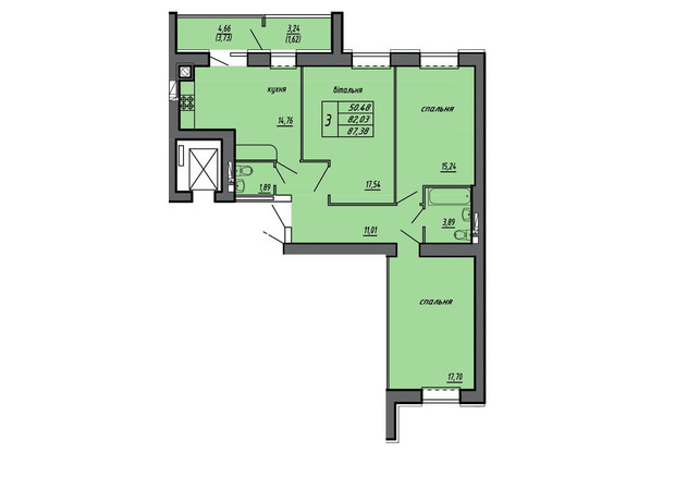 ЖК Чернівецький: планування 3-кімнатної квартири 87.38 м²