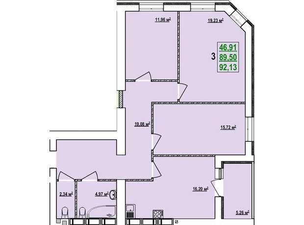 ЖК Левада 2: планування 3-кімнатної квартири 92.13 м²