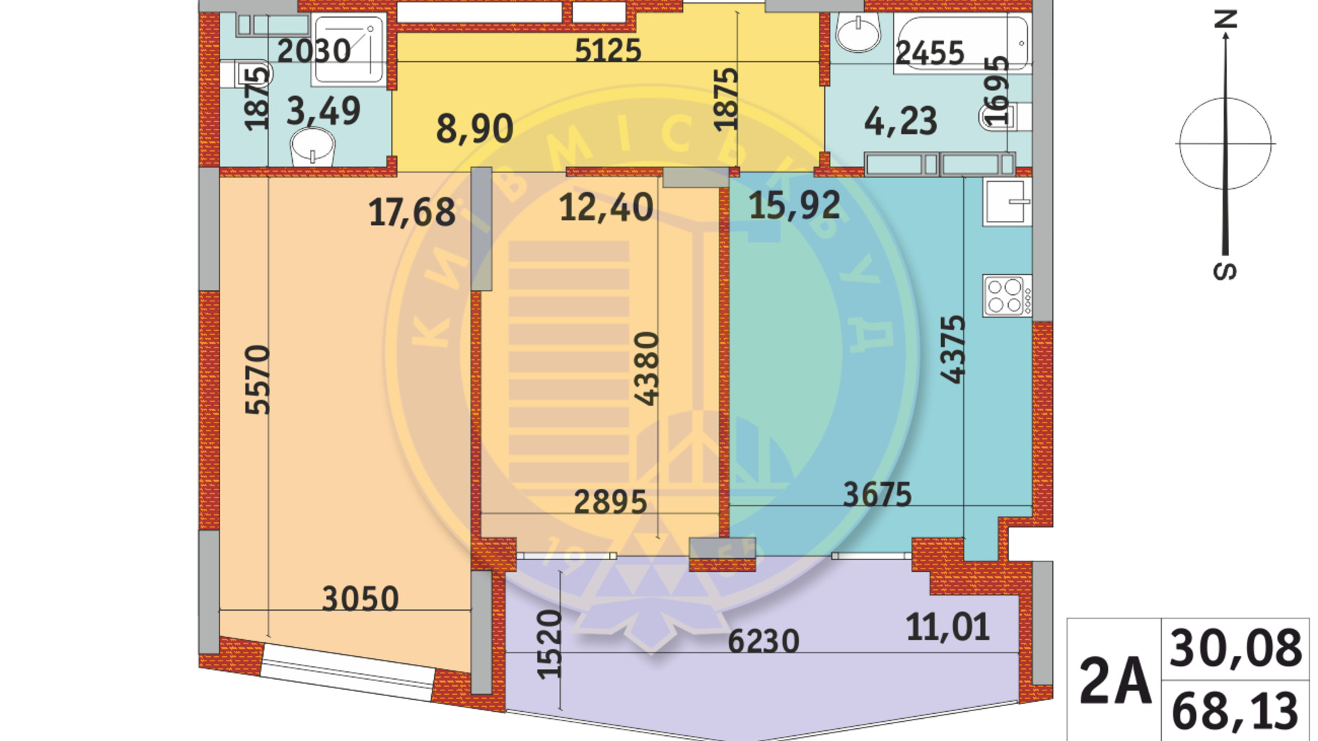 Планування 2-кімнатної квартири в ЖК Італійський квартал-2 68.13 м², фото 331082