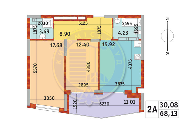 ЖК Італійський квартал-2: планування 2-кімнатної квартири 68.13 м²