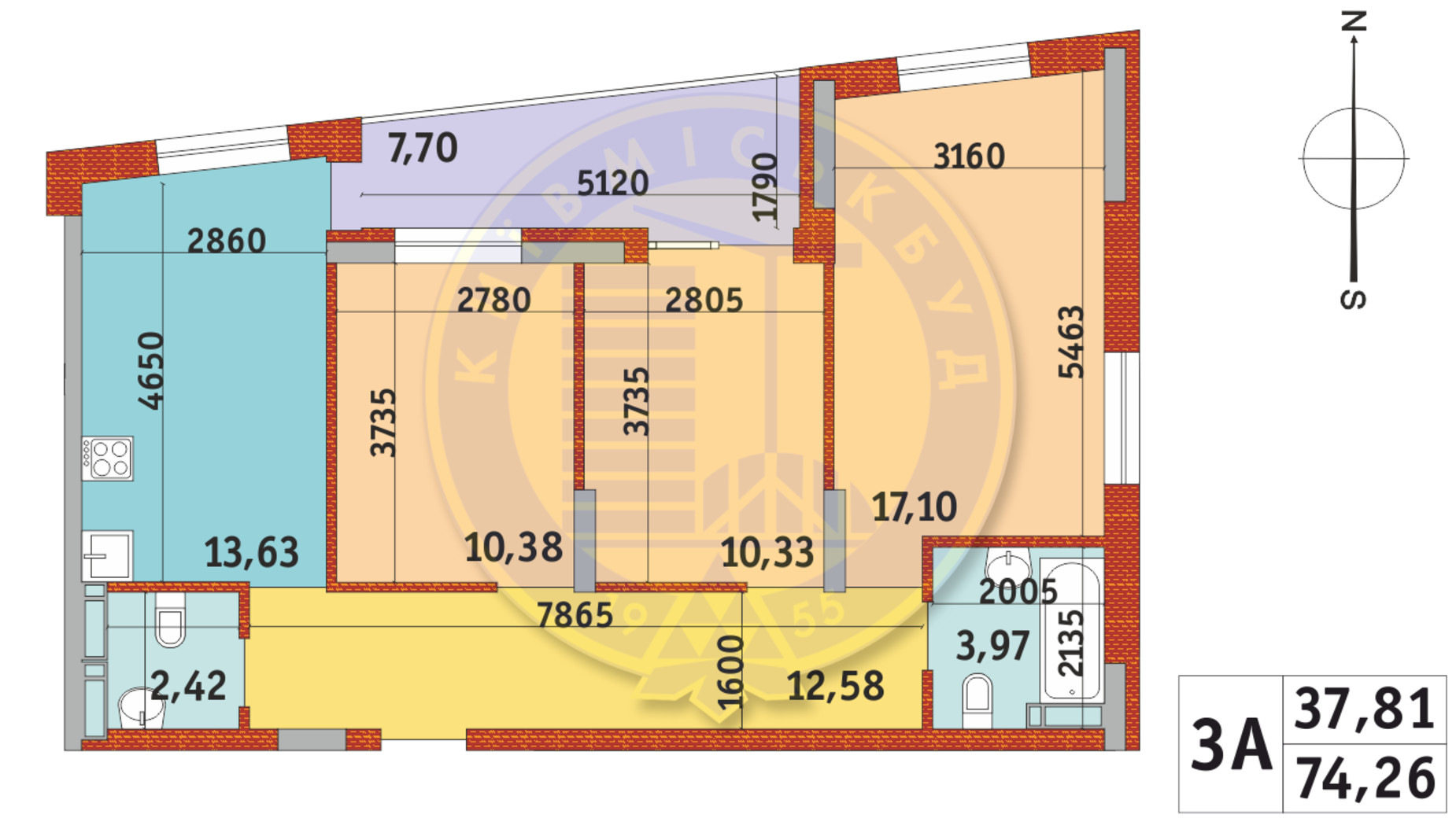 Планування 3-кімнатної квартири в ЖК Італійський квартал-2 74.26 м², фото 331083