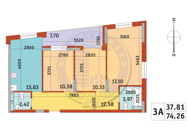 ЖК Итальянский квартал-2: планировка 3-комнатной квартиры 74.26 м²