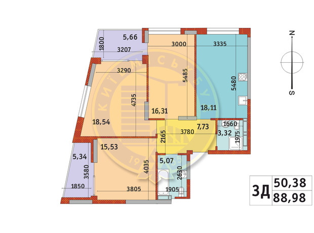 ЖК Итальянский квартал-2: планировка 3-комнатной квартиры 88.98 м²