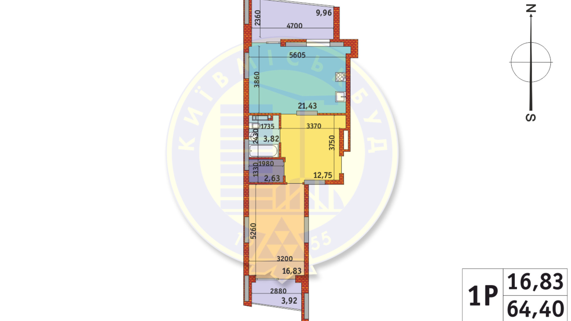 Планировка 1-комнатной квартиры в ЖК Итальянский квартал-2 64.4 м², фото 331087