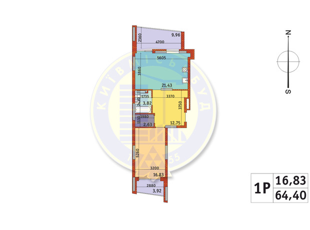 ЖК Італійський квартал-2: планування 1-кімнатної квартири 64.4 м²
