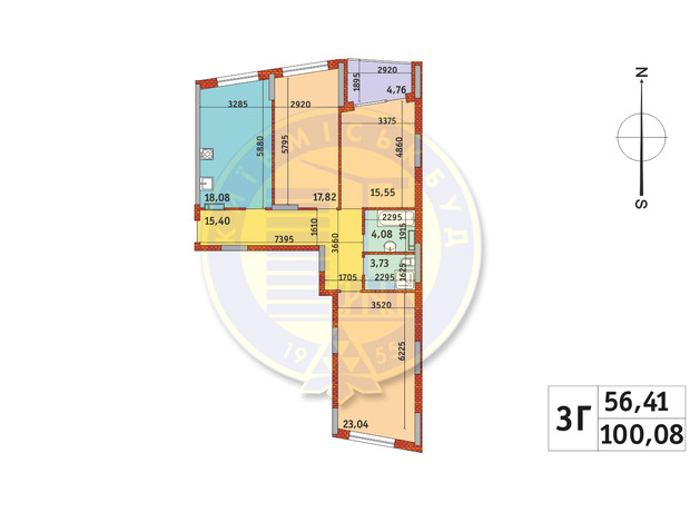 ЖК Итальянский квартал-2: планировка 3-комнатной квартиры 100.08 м²