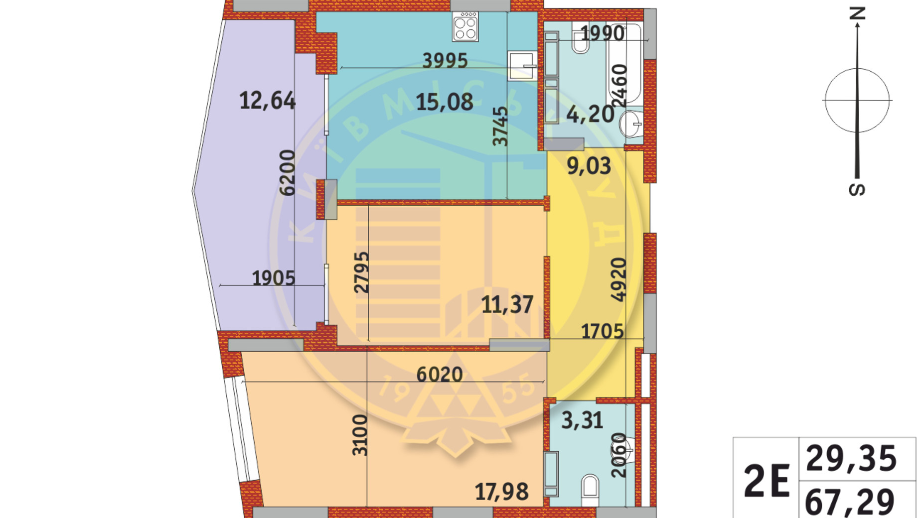 Планировка 2-комнатной квартиры в ЖК Итальянский квартал-2 65.45 м², фото 331092