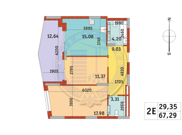 ЖК Італійський квартал-2: планування 2-кімнатної квартири 65.45 м²