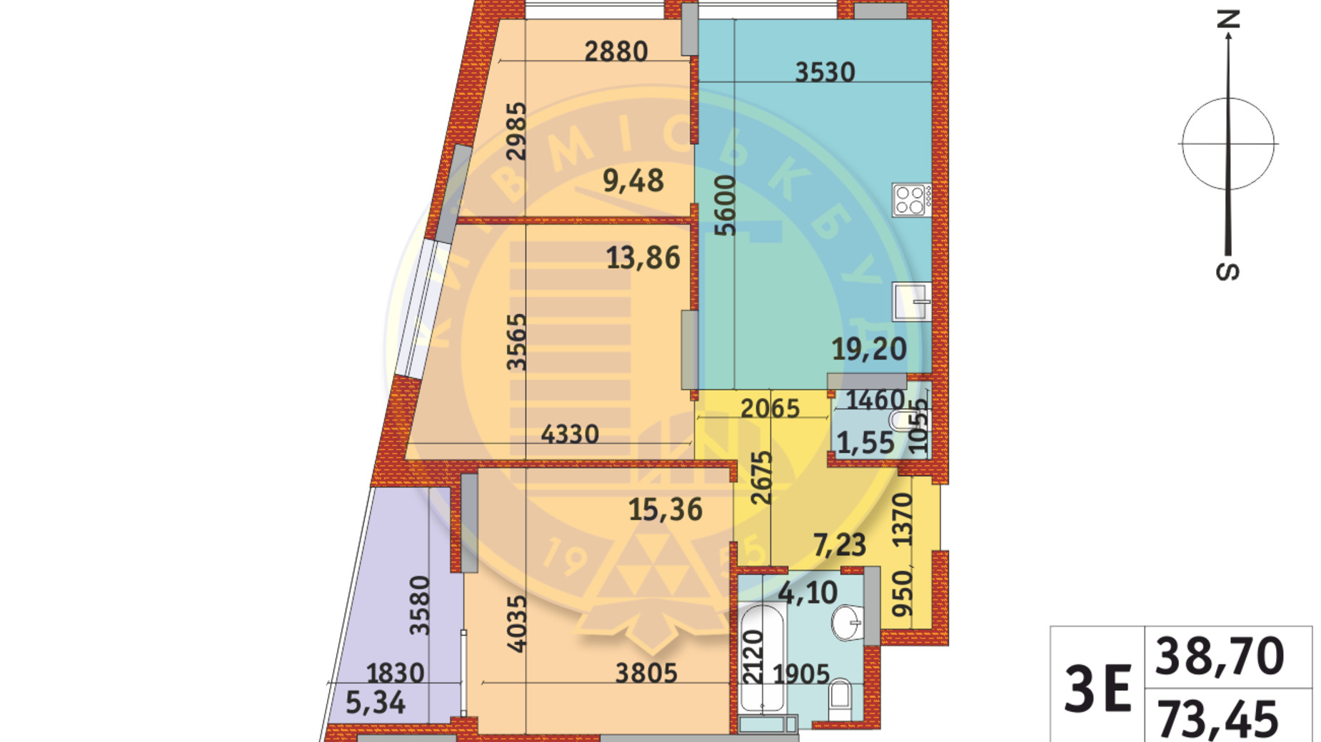 Планування 3-кімнатної квартири в ЖК Італійський квартал-2 73.45 м², фото 331098