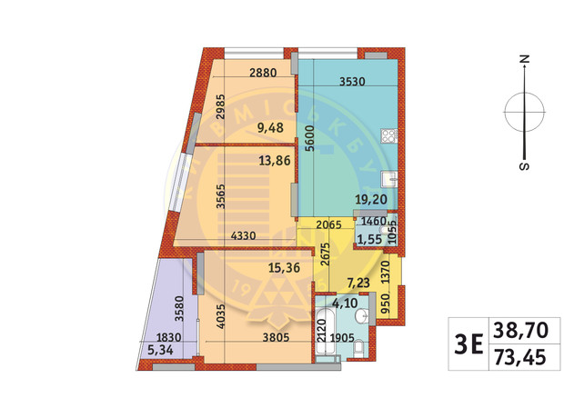 ЖК Итальянский квартал-2: планировка 3-комнатной квартиры 73.45 м²