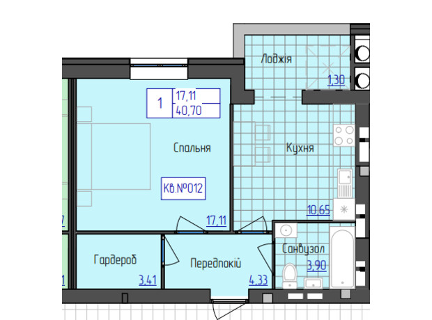 ЖК 9 район: планировка 1-комнатной квартиры 40.7 м²
