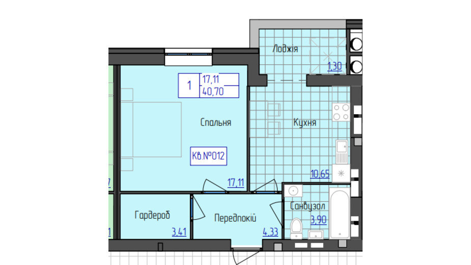 Планировка 1-комнатной квартиры в ЖК 9 район 40.7 м², фото 331308