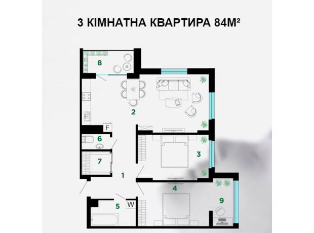 ЖК Comfort Park: планування 3-кімнатної квартири 84 м²