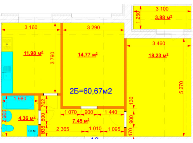 ЖК Grand Comfort: планировка 2-комнатной квартиры 60.67 м²