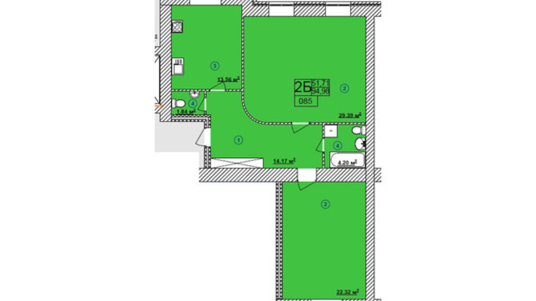 Планировка 2-комнатной квартиры в ЖК Turkish City 97.7 м², фото 331746