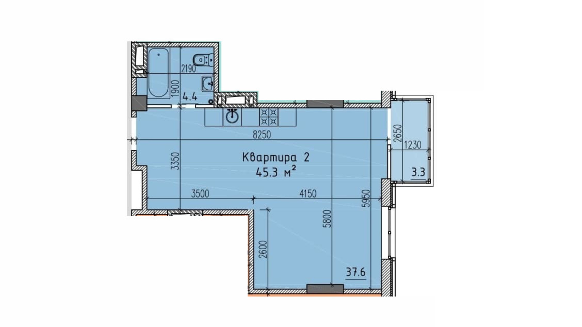 Планировка свободная планировка квартиры в ЖК River Hall  45.3 м², фото 331809