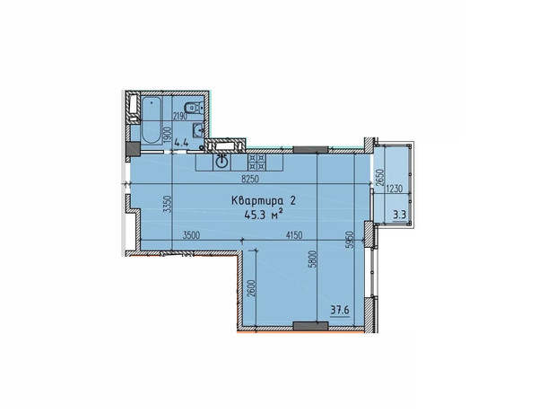 ЖК River Hall : свободная планировка квартиры 45.3 м²