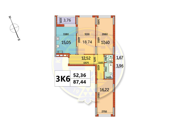 ЖК Отрада: планування 3-кімнатної квартири 87.44 м²