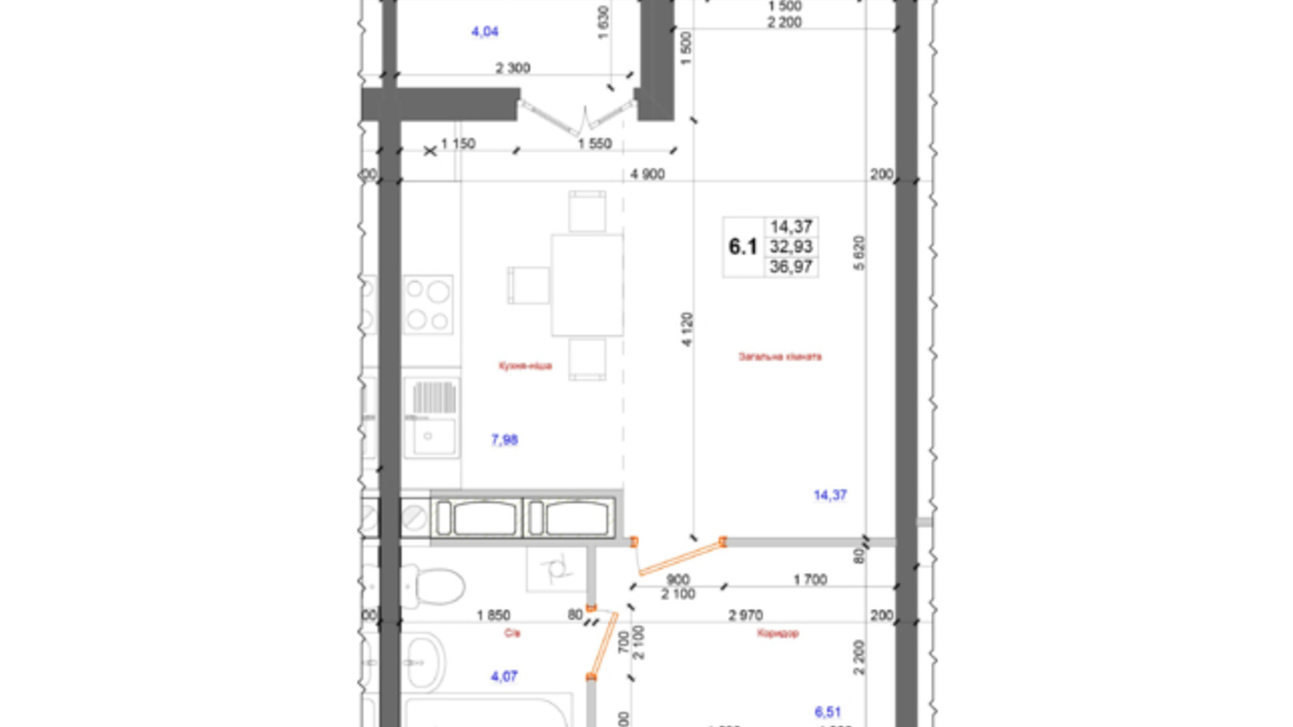 Планировка 1-комнатной квартиры в ЖК на Петлюры, 28 36.97 м², фото 331968