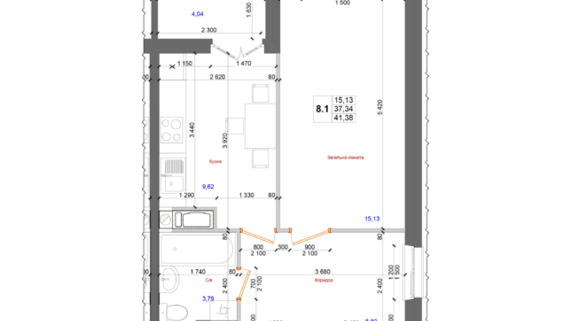 Планировка 1-комнатной квартиры в ЖК на Петлюры, 28 41.38 м², фото 331969