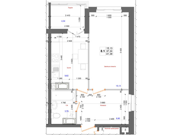 ЖК на Петлюры, 28: планировка 1-комнатной квартиры 41.38 м²