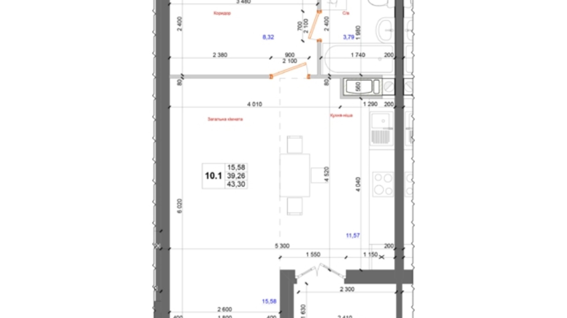 Планування 1-кімнатної квартири в ЖК на Петлюри, 28 43.3 м², фото 331970