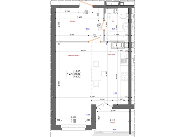 ЖК на Петлюры, 28: планировка 1-комнатной квартиры 43.3 м²