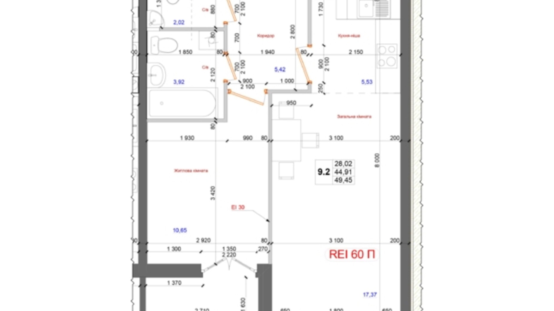Планировка 1-комнатной квартиры в ЖК на Петлюры, 28 49.72 м², фото 331971