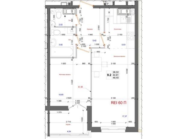 ЖК на Петлюры, 28: планировка 1-комнатной квартиры 49.72 м²