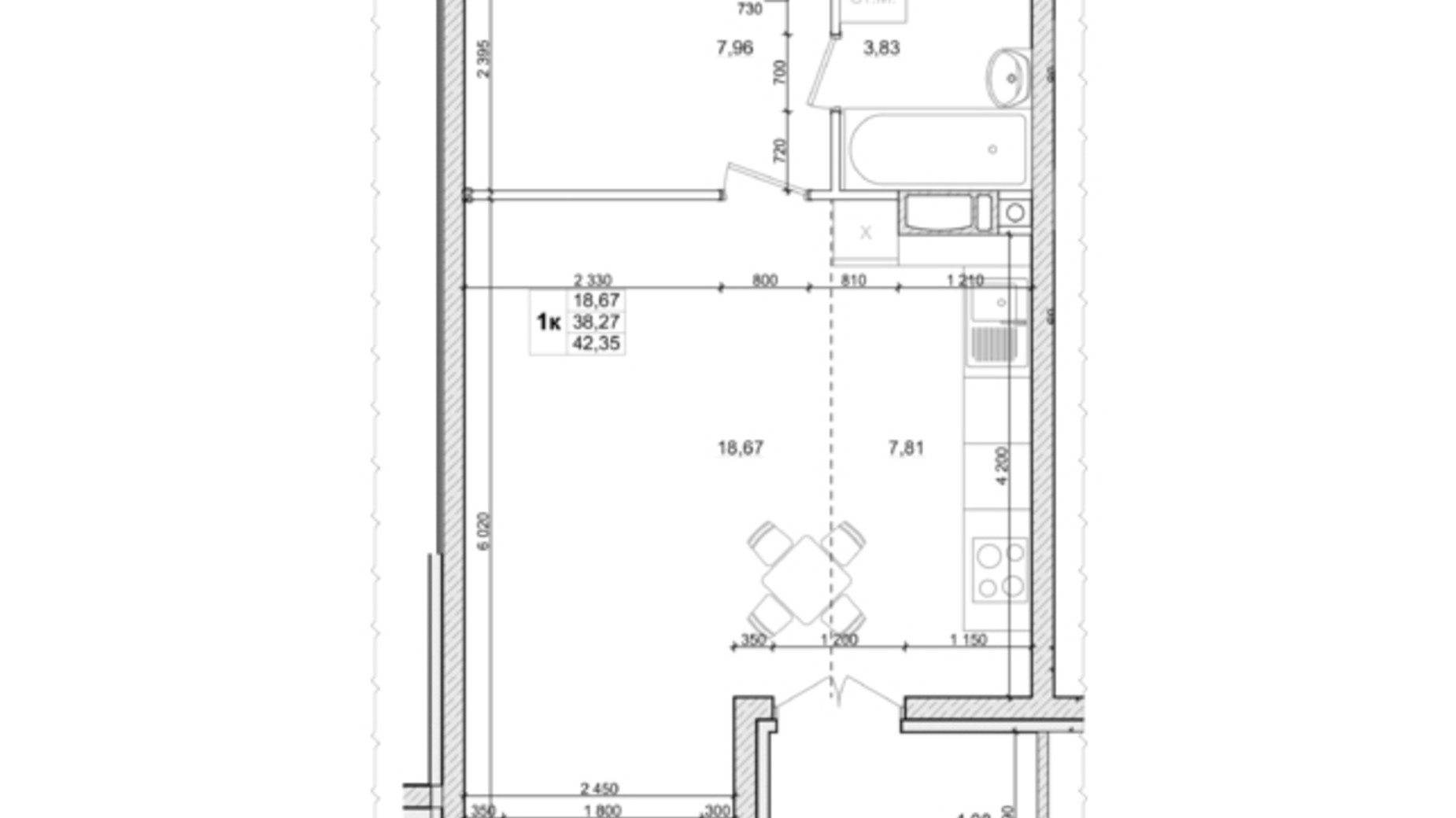 Планировка 1-комнатной квартиры в ЖК Вудлайн 42.35 м², фото 332096