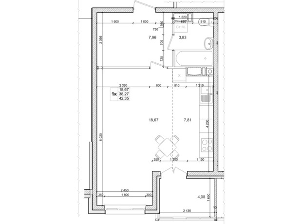 ЖК Вудлайн: планування 1-кімнатної квартири 42.35 м²