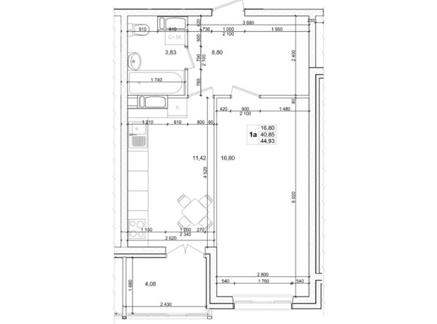 ЖК Вудлайн: планування 1-кімнатної квартири 44.93 м²