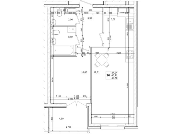 ЖК Вудлайн: планировка 2-комнатной квартиры 49.7 м²