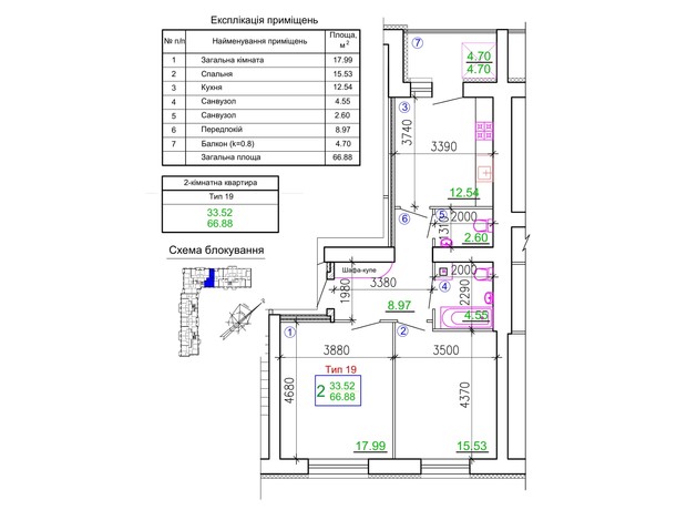 Мікрорайон Академічний: планування 2-кімнатної квартири 66.88 м²