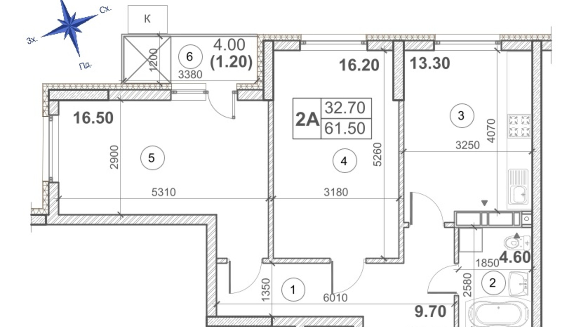 Планування 2-кімнатної квартири в ЖК Кирилівський Гай 61.5 м², фото 332298