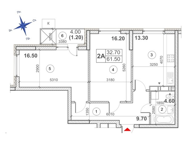 ЖК Кирилівський Гай: планування 2-кімнатної квартири 61.5 м²