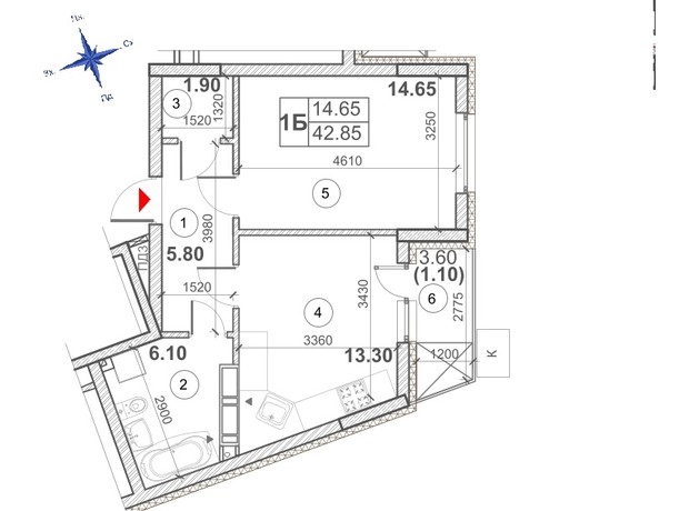 ЖК Кирилівський Гай: планування 1-кімнатної квартири 42.85 м²