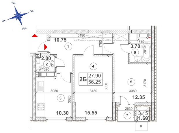 ЖК Кирилловский Гай: планировка 2-комнатной квартиры 56.25 м²