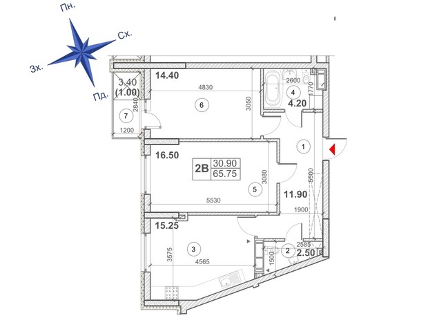 ЖК Кирилловский Гай: планировка 2-комнатной квартиры 65.75 м²