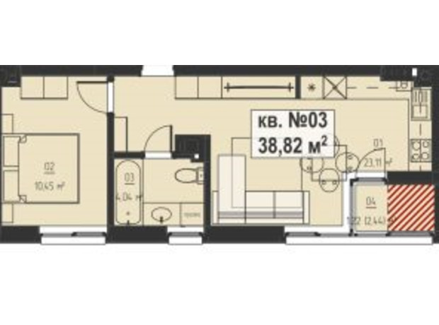 ЖК Chaykovskiy: планування 1-кімнатної квартири 38.82 м²