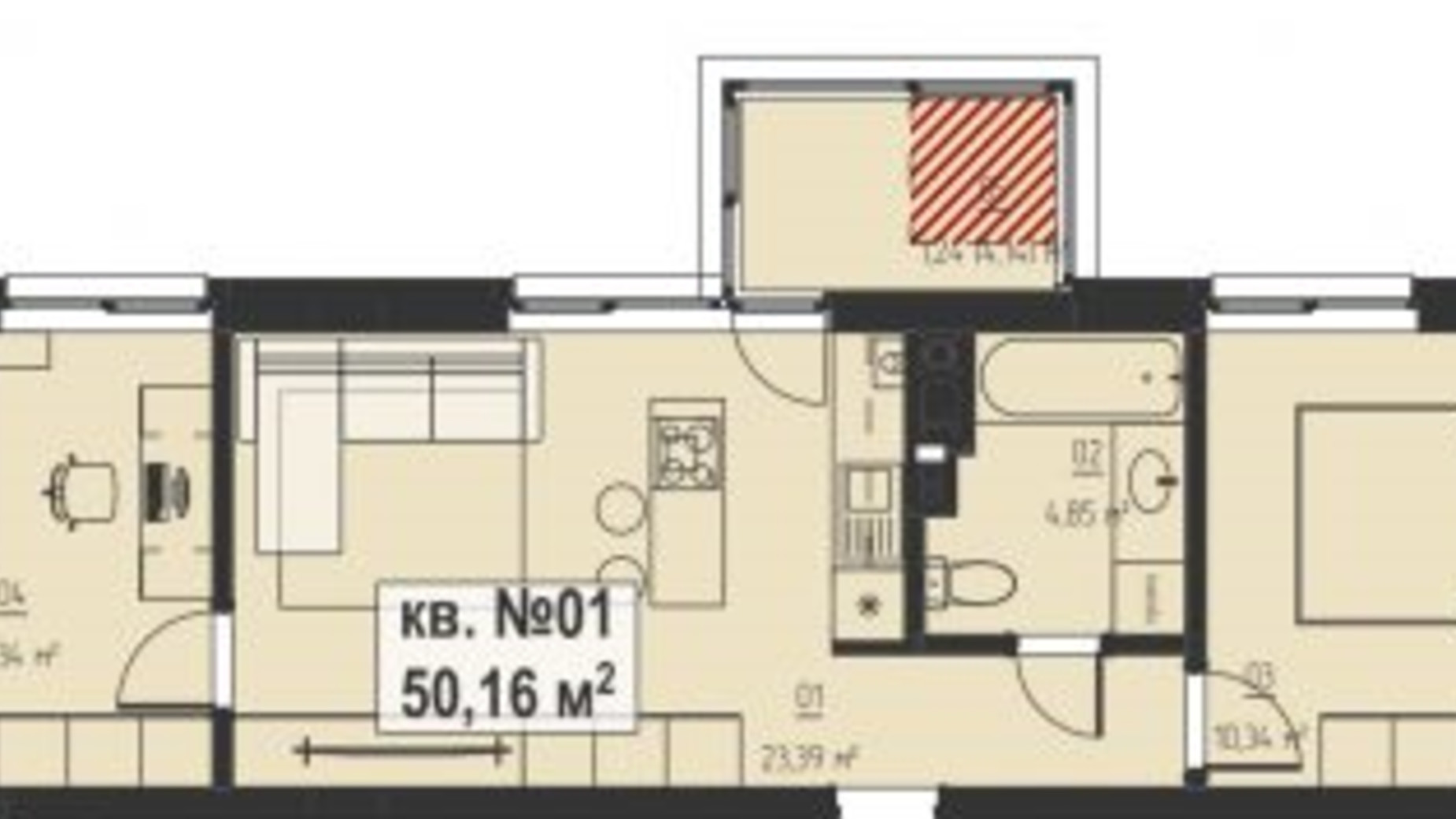 Планування 3-кімнатної квартири в ЖК Chaykovskiy 50.16 м², фото 332309