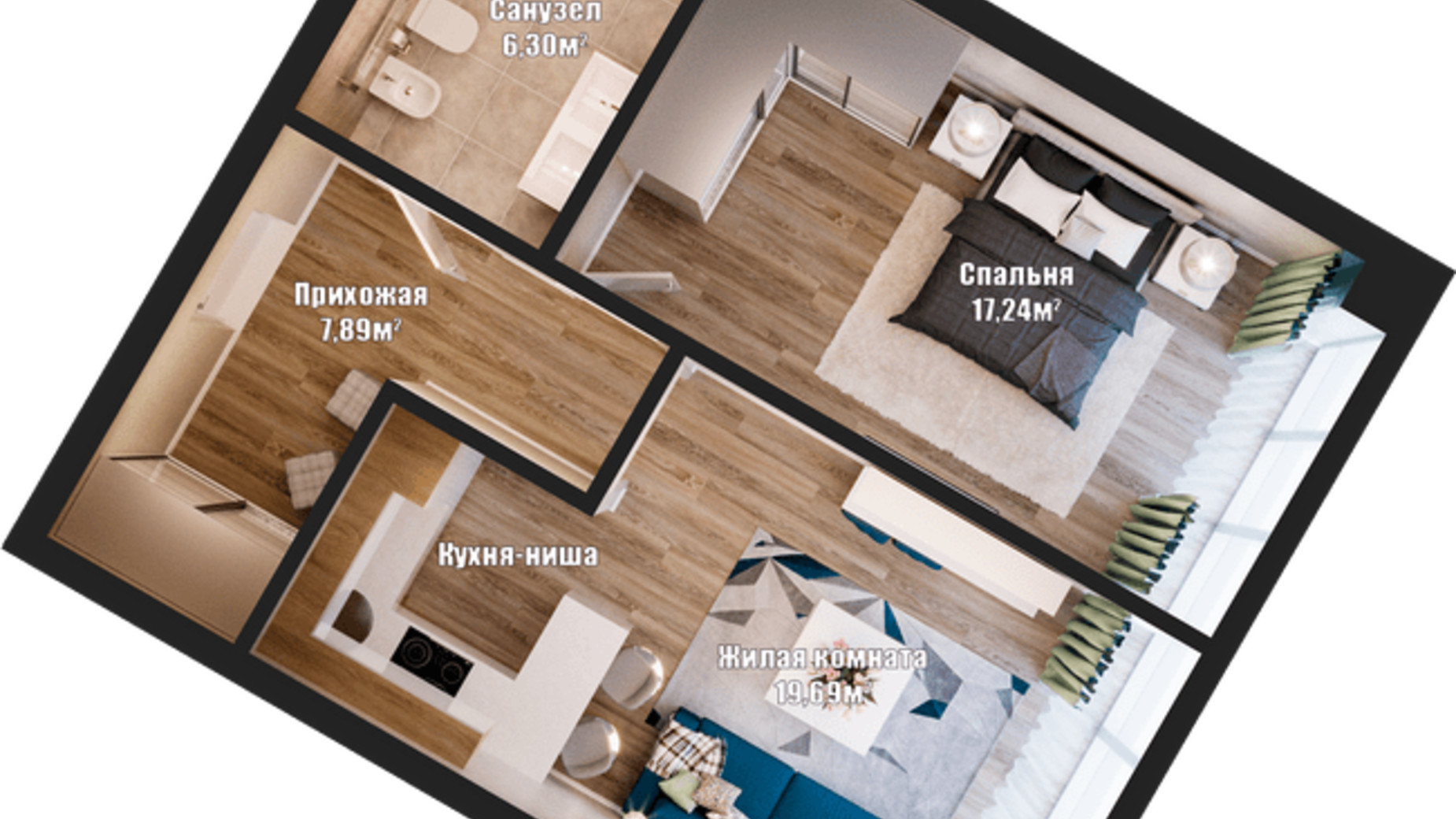 Планування 1-кімнатної квартири в ЖК Bartolomeo Resort Town 52.74 м², фото 332693