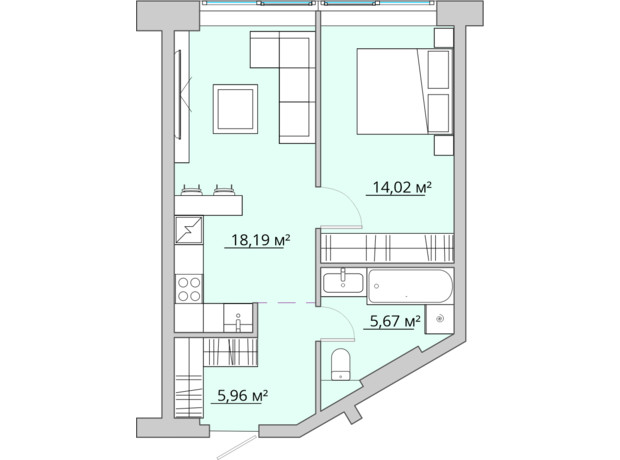 ЖК Bartolomeo Resort Town: планування 1-кімнатної квартири 44.66 м²