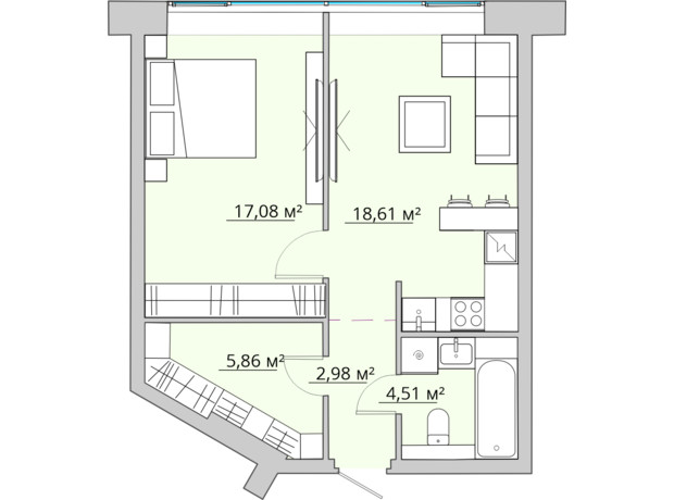 ЖК Bartolomeo Resort Town: планування 1-кімнатної квартири 49.04 м²