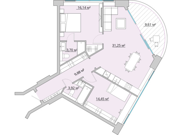 ЖК Bartolomeo Resort Town: планування 2-кімнатної квартири 88.95 м²