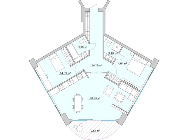 ЖК Bartolomeo Resort Town: планування 2-кімнатної квартири 100.09 м²