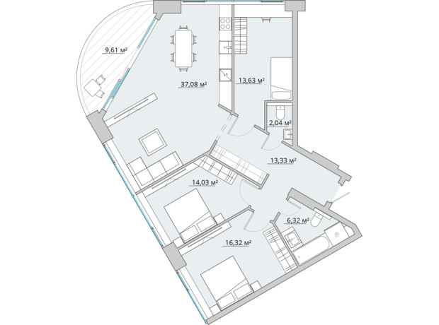 ЖК Bartolomeo Resort Town: планування 3-кімнатної квартири 112.36 м²