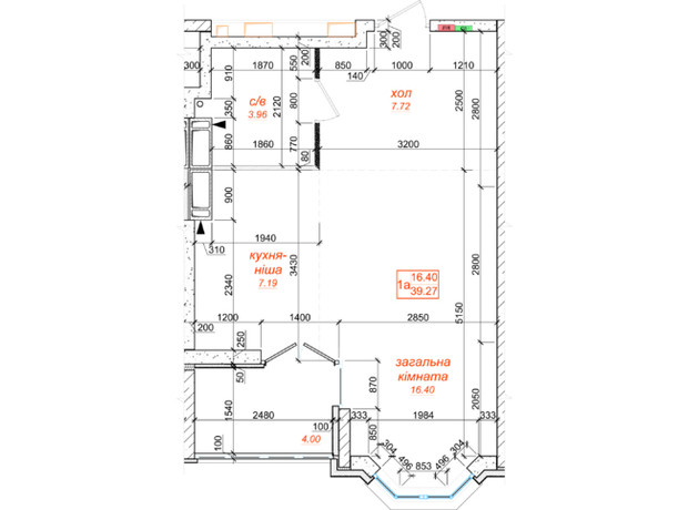 ЖК Одеський бульвар: планування 1-кімнатної квартири 39.27 м²