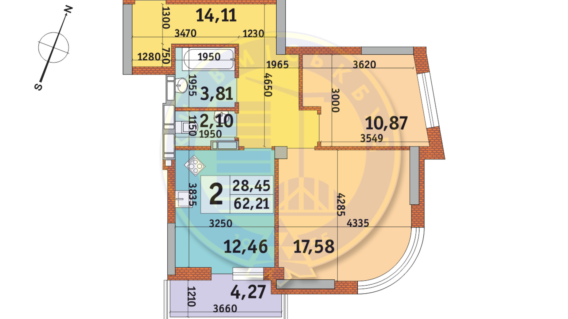 Планировка 2-комнатной квартиры в ЖК Урловский-2 62.21 м², фото 332841